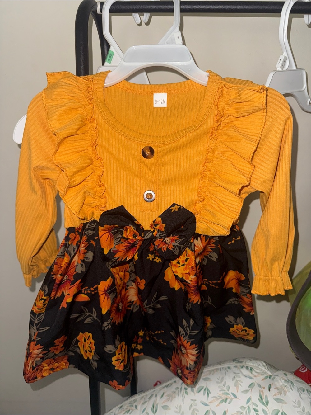 SHEIN Yellow Ruffle Bodice Black Floral Skirt Baby Dress
